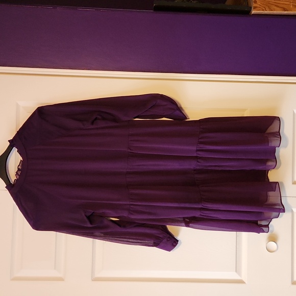 Purple Knee Length Long Sleeve Dress with Sheer Overlay - 1X - Picture 5 of 5